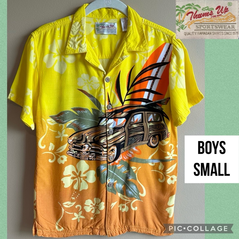 VTG Thums Up Boys Shirt Hawaiian Button Up Shirt Surf Board Car Vacation Yellow